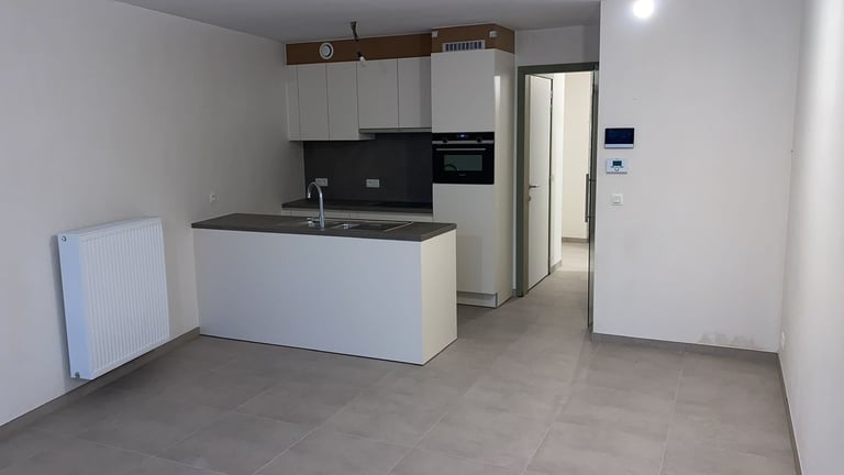 Modern kitchen with white cabinetry and island in a bright minimalist apartment space
